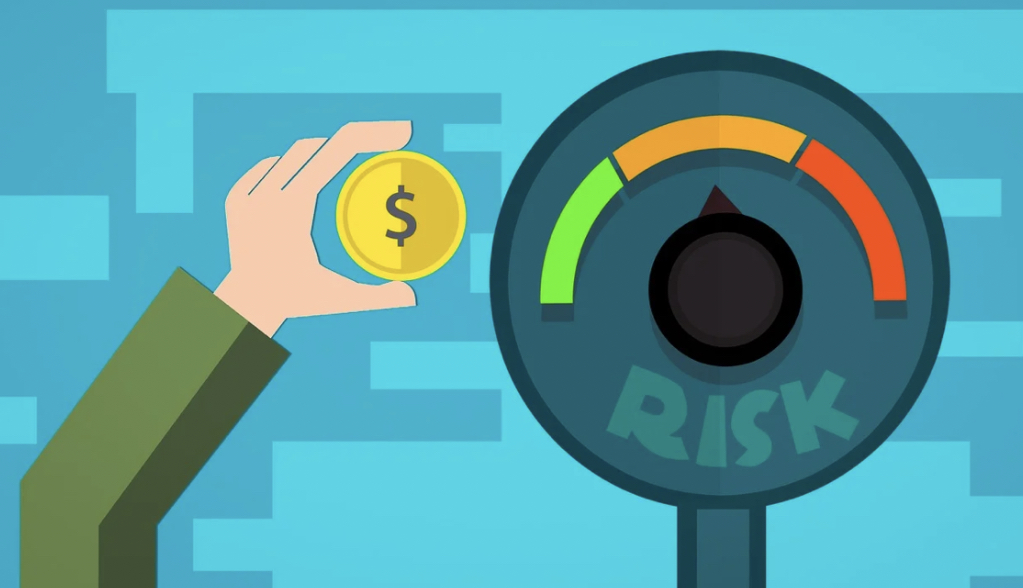 Hand holding gold coin with a risk assessment gauge in the background