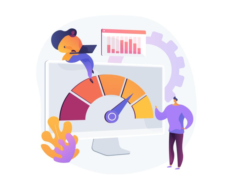 characters near computer screen with graphs and a colorful speedometer