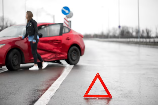 Broken car on the road and a red warning triangle
